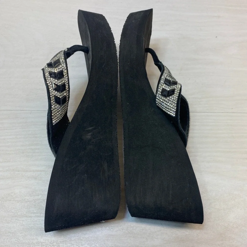 Yellow Box Womens 7.5 Platform Flip Flops Belmac Wedge Rhinestone Black Sparkle